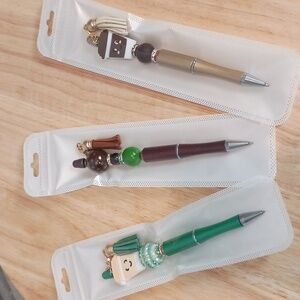 3pc Handcrafted Beaded Pens Bundle Irish Coffee Theme Office Supplies